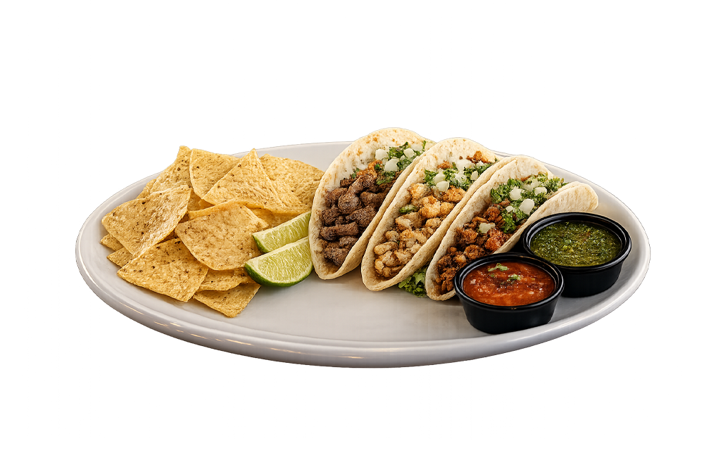 Tacos with tortilla chips and salsa at The Bedford Diner in Bedford Hills, NY