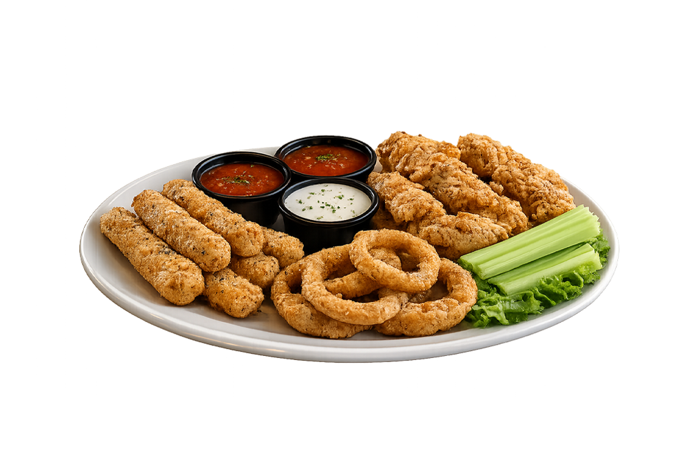 Appetizer platter with onion rings, mozzarella sticks and chicken tenders at The Bedford Diner