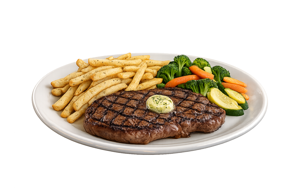 Grilled steak with fries and vegetables at The Bedford Diner